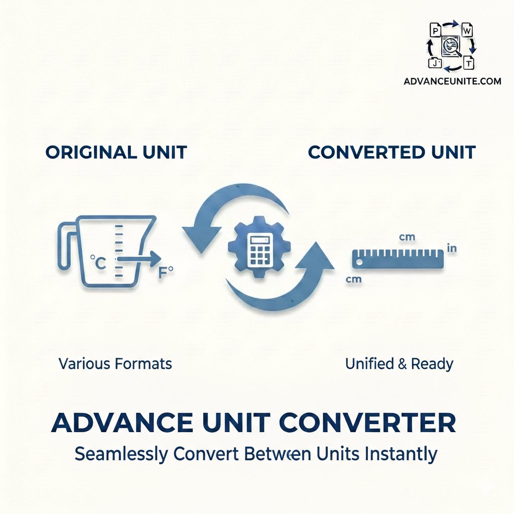 Advanced Unit Converter displaying various measurement categories like length, weight, temperature, speed, and data with real-time conversion
